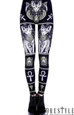 Restyle Black gothic leggings with sphynx cat, Bastet, occult trousers "SPHYNX LEGGINGS"