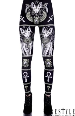 Restyle Black gothic leggings with sphynx cat, Bastet, occult trousers 