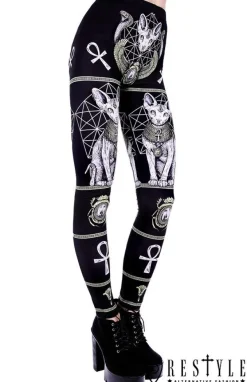 Restyle Black gothic leggings with sphynx cat, Bastet, occult trousers 