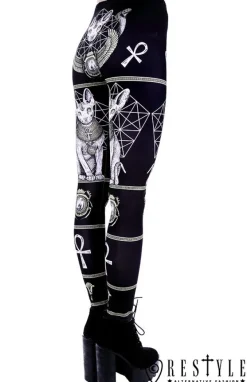 Restyle Black gothic leggings with sphynx cat, Bastet, occult trousers 