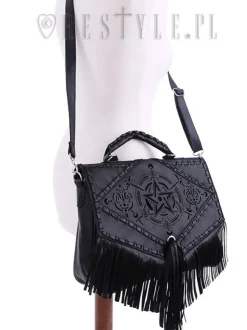 Restyle Black gothic satchel with fringe, laser cut pentagram, alchemical symbols 