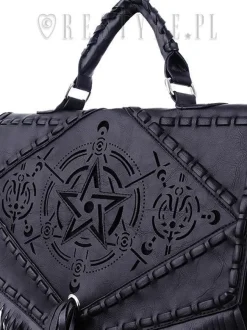 Restyle Black gothic satchel with fringe, laser cut pentagram, alchemical symbols 