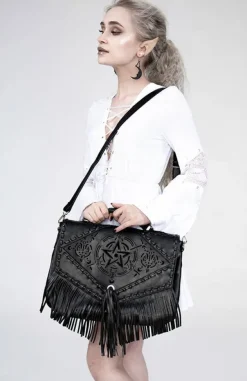 Restyle Black gothic satchel with fringe, laser cut pentagram, alchemical symbols 