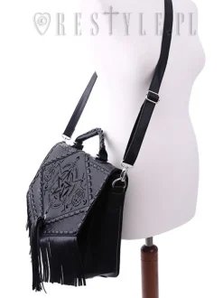 Restyle Black gothic satchel with fringe, laser cut pentagram, alchemical symbols 