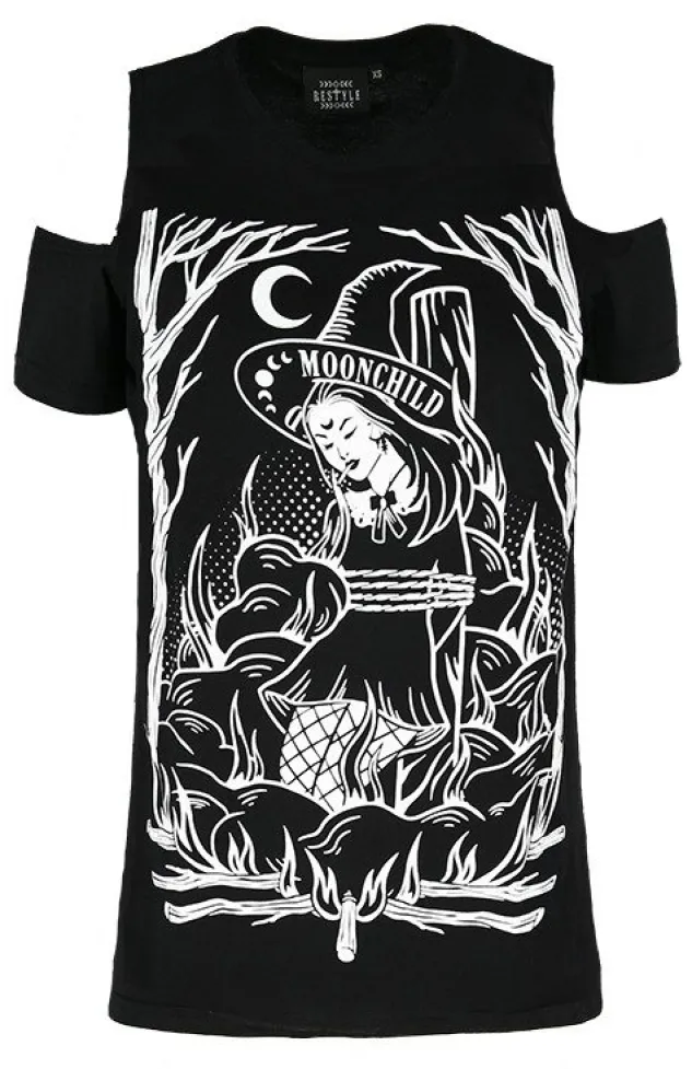 Restyle Black gothic T-shirt BURN THE WITCH COLD SHOULDER