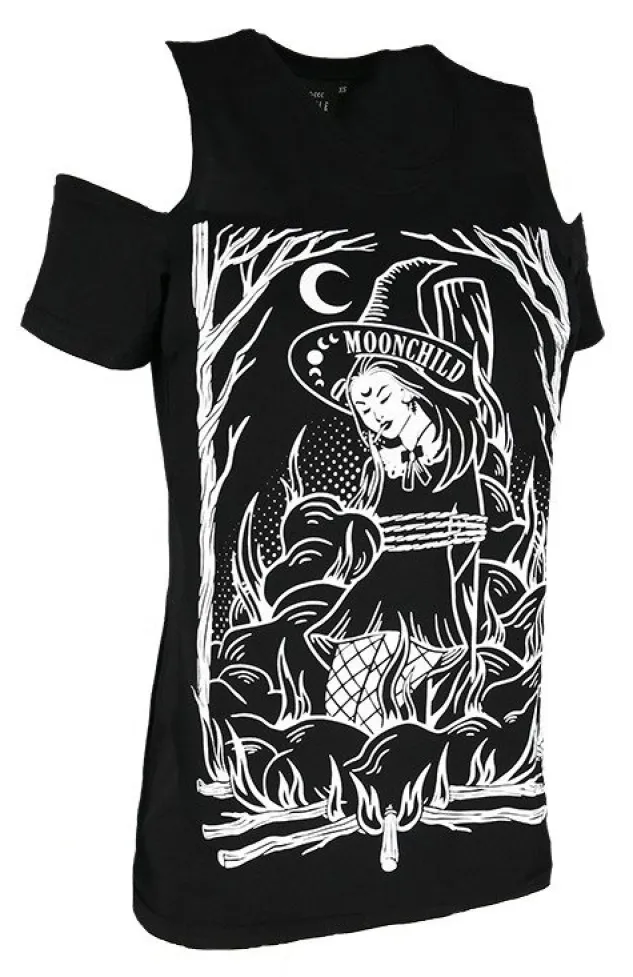 Restyle Black gothic T-shirt BURN THE WITCH COLD SHOULDER
