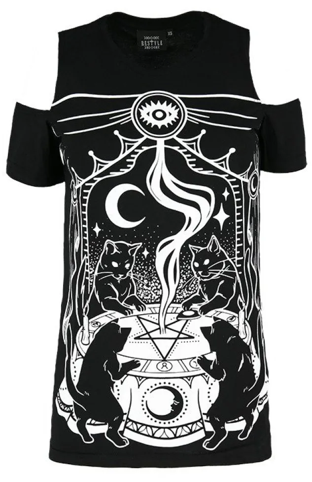 Restyle Black gothic T-shirt CAT SABBATH COLD SHOULDER