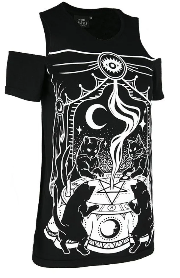 Restyle Black gothic T-shirt CAT SABBATH COLD SHOULDER