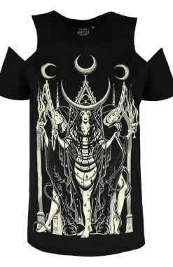 Restyle Black gothic T-shirt goddess HECATE COLD SHOULDER