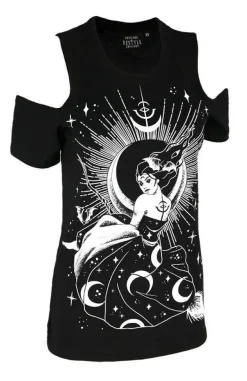 Restyle Black gothic T-shirt with witch NOX COLD SHOULDER