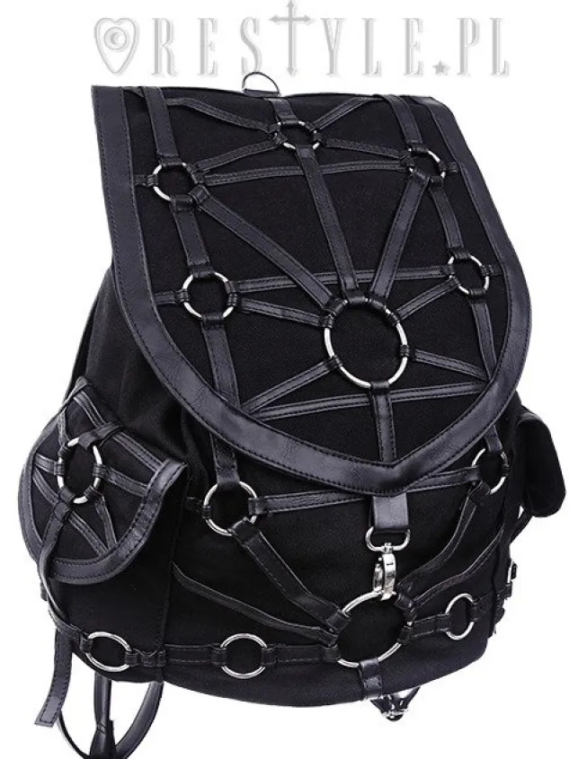 Restyle Black harness backpack, with pockets, occult, black fashion"O-RING BACKPACK"