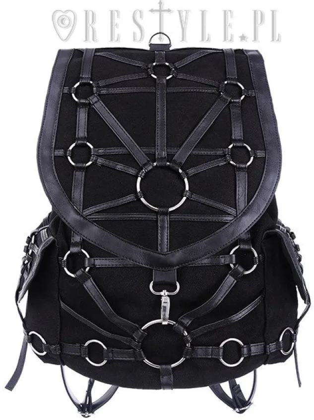 Restyle Black harness backpack, with pockets, occult, black fashion"O-RING BACKPACK"