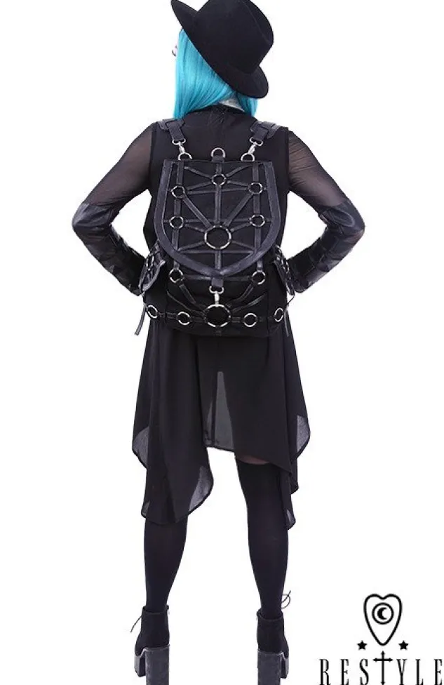 Restyle Black harness backpack, with pockets, occult, black fashion"O-RING BACKPACK"