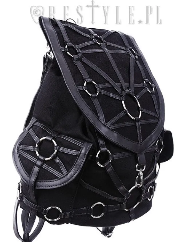 Restyle Black harness backpack, with pockets, occult, black fashion"O-RING BACKPACK"