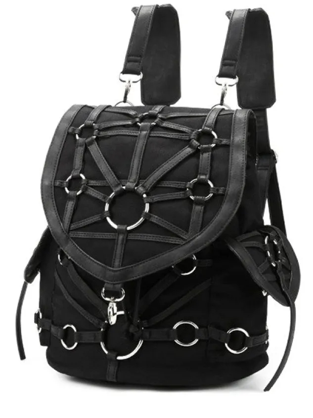 Restyle Black harness backpack, with pockets, occult, black fashion"O-RING BACKPACK"
