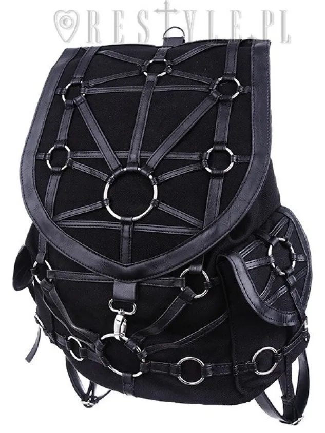 Restyle Black harness backpack, with pockets, occult, black fashion"O-RING BACKPACK"