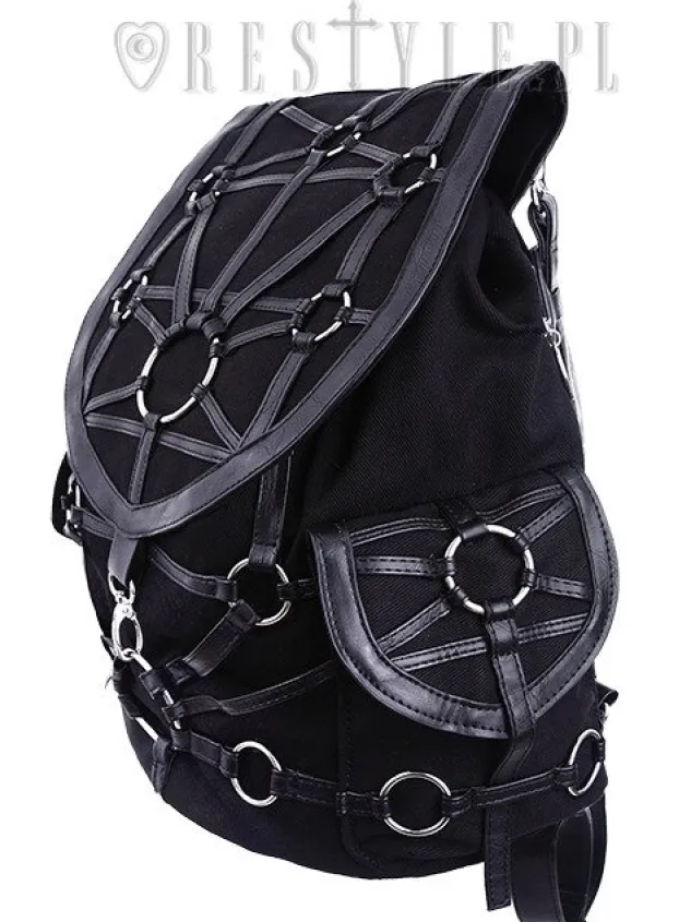 Restyle Black harness backpack, with pockets, occult, black fashion"O-RING BACKPACK"