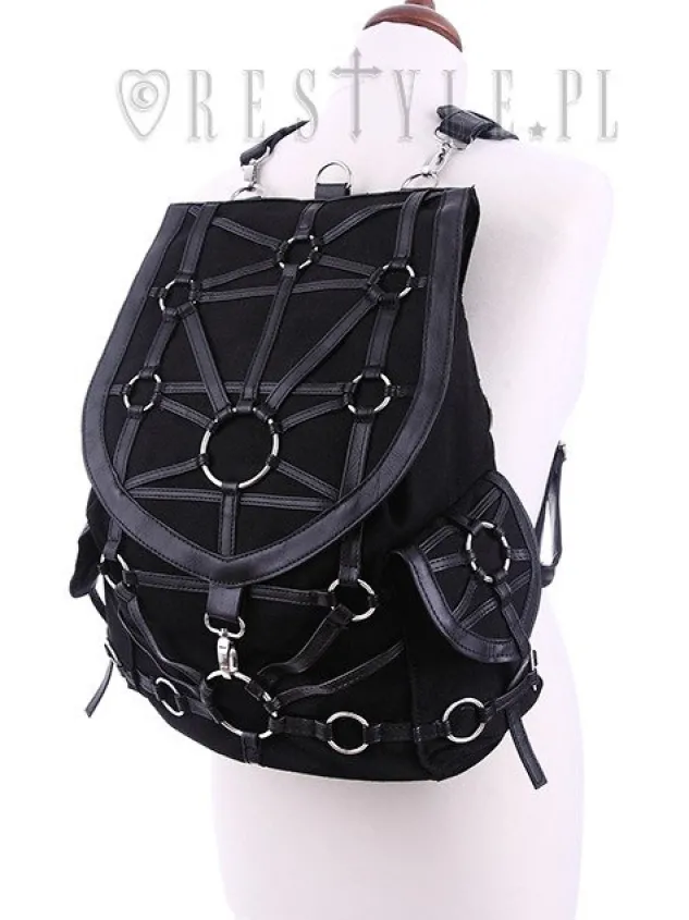 Restyle Black harness backpack, with pockets, occult, black fashion"O-RING BACKPACK"