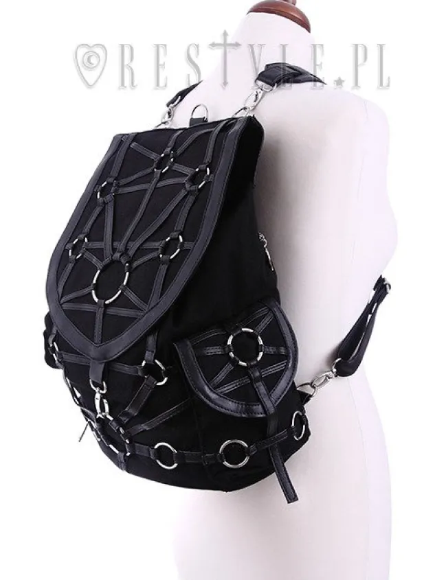 Restyle Black harness backpack, with pockets, occult, black fashion"O-RING BACKPACK"