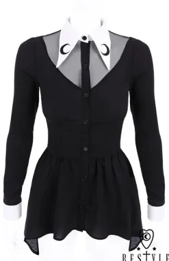 Restyle Black shirt with basquine, White, long collar with crescent embroidery "LUNA SHIRT"