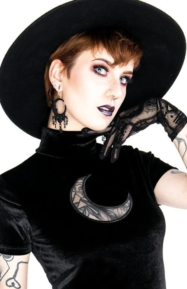 Restyle Black Velvet CRESCENT Mesh Top Moon Witch