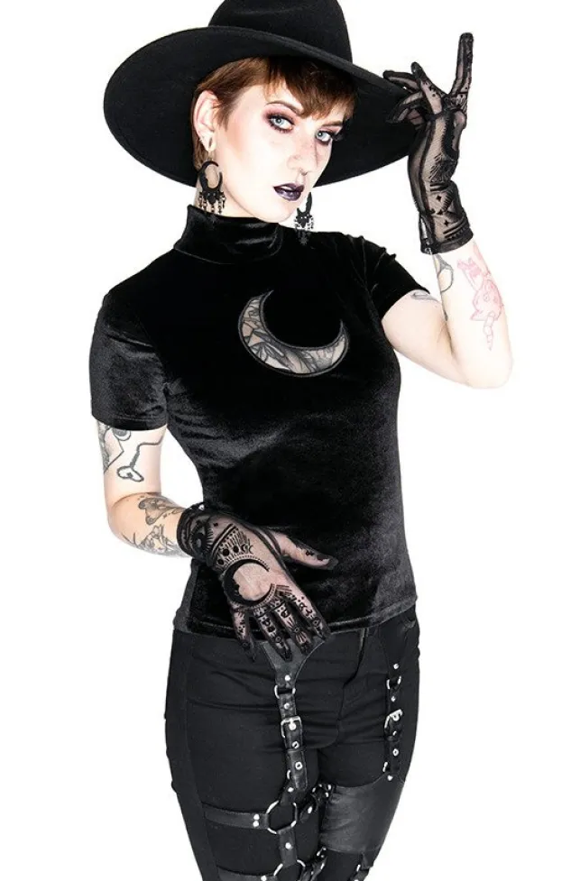 Restyle Black Velvet CRESCENT Mesh Top Moon Witch