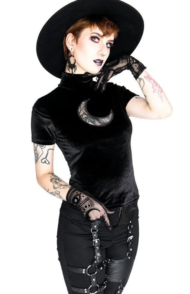 Restyle Black Velvet CRESCENT Mesh Top Moon Witch
