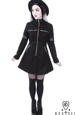 Restyle Black winter jacket with pockets, detachable hood, wool 