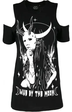 Restyle Black witches cold shoulder T-shirt LIVE BY THE MOON