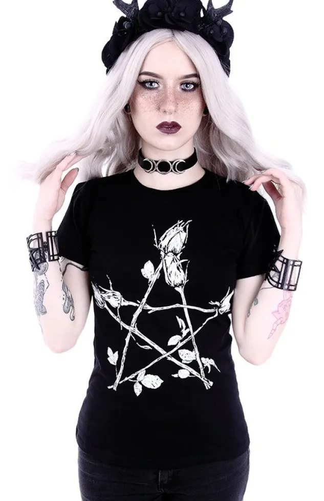 Restyle Classic Gothic, witchy T-shirt "ROSE PENTAGRAM"