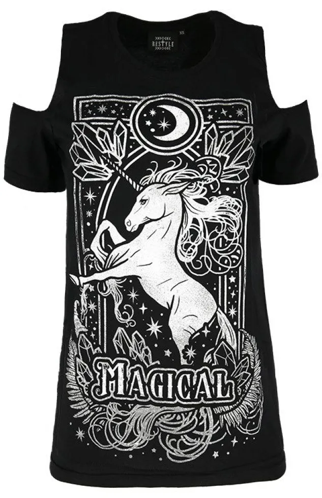 Restyle Cold shoulder T-shirt MAGICAL UNICORN GRAY