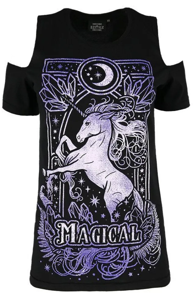 Restyle Cold shoulder t-shirt MAGICAL UNICORN PURPLE