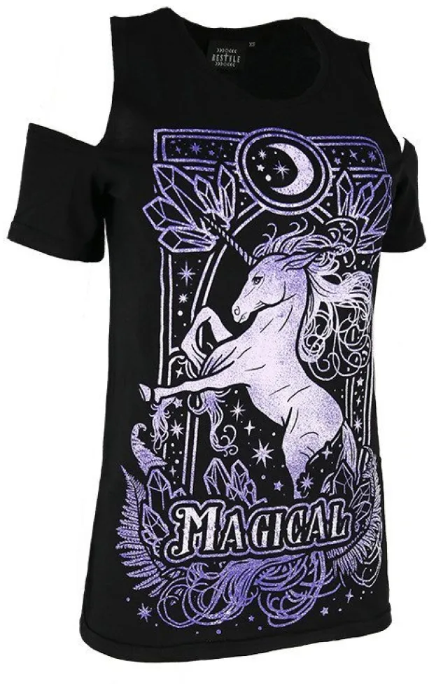 Restyle Cold shoulder t-shirt MAGICAL UNICORN PURPLE