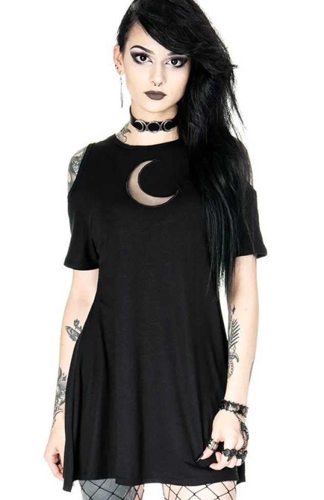 Restyle Crescent Dress oversized with cold shoulder, Mesh Moon Tunic, gothic tunic