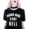 Restyle Crop Top Gothic blouse with burning letters "WANNA RAISE SOME HELL"