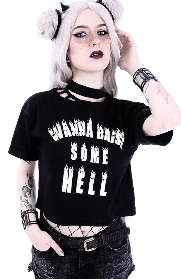 Restyle Crop Top Gothic blouse with burning letters "WANNA RAISE SOME HELL"