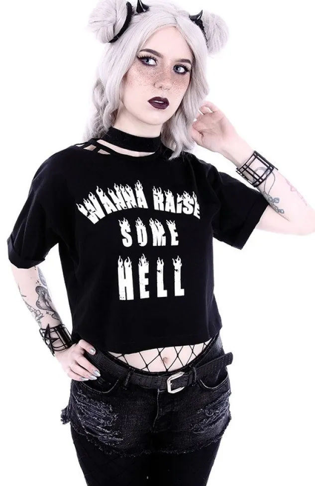 Restyle Crop Top Gothic blouse with burning letters "WANNA RAISE SOME HELL"