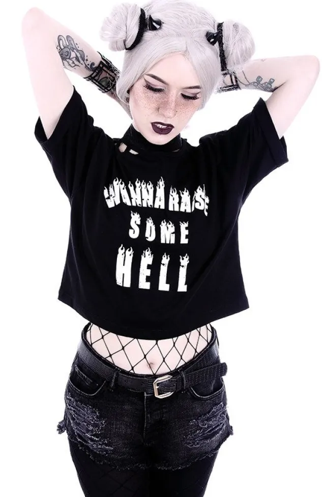 Restyle Crop Top Gothic blouse with burning letters "WANNA RAISE SOME HELL"
