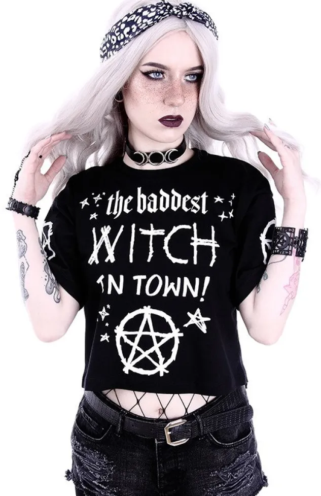 Restyle Crop Top Gothic blouse "THE BADDEST WITCH IN TOWN"