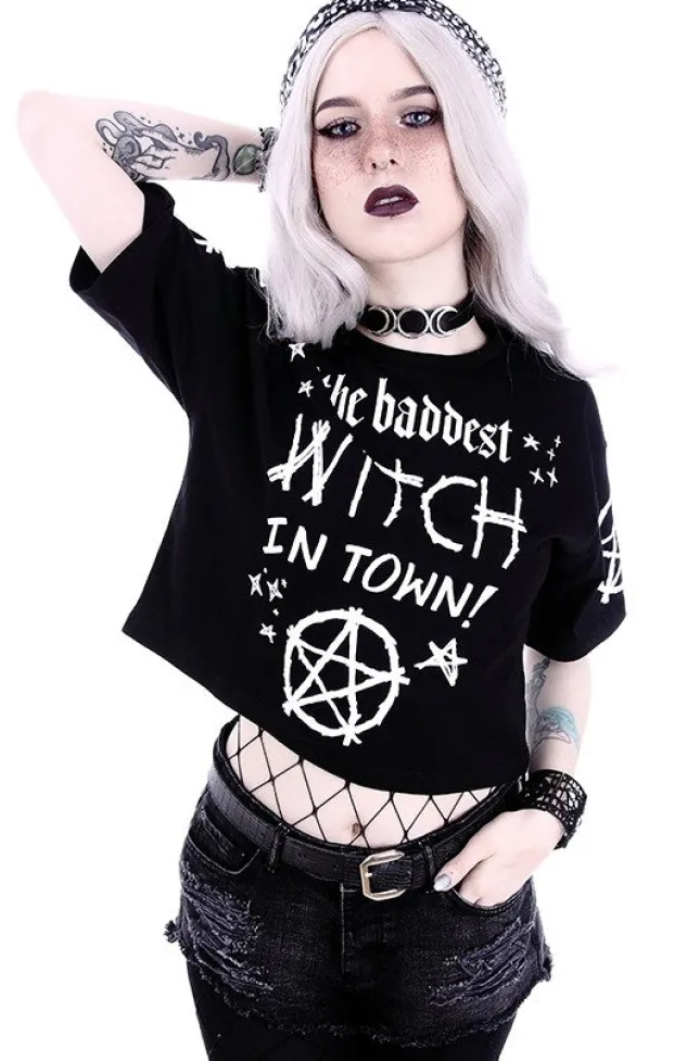Restyle Crop Top Gothic blouse "THE BADDEST WITCH IN TOWN"