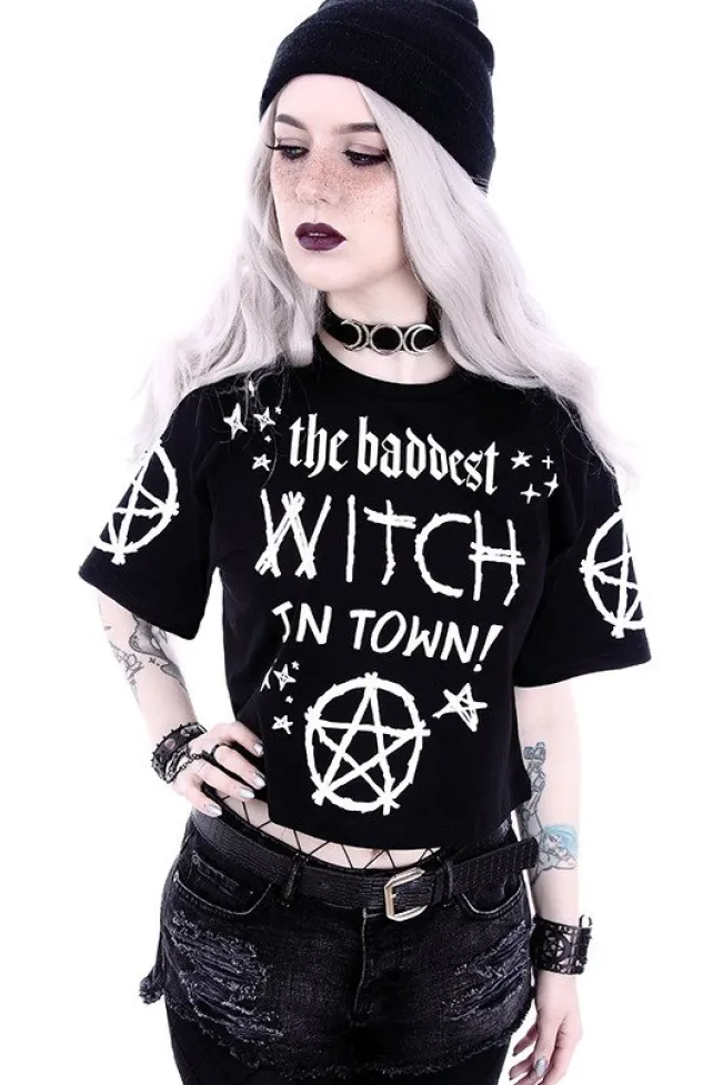 Restyle Crop Top Gothic blouse "THE BADDEST WITCH IN TOWN"