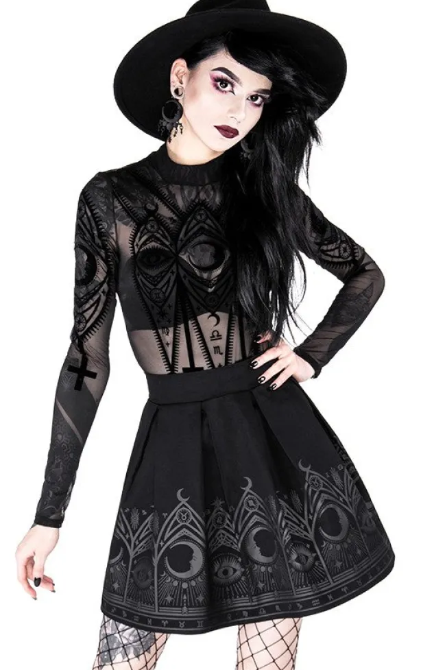 Restyle FORTUNE TELLER SKIRT, black gothic pleated short skirt with moon print