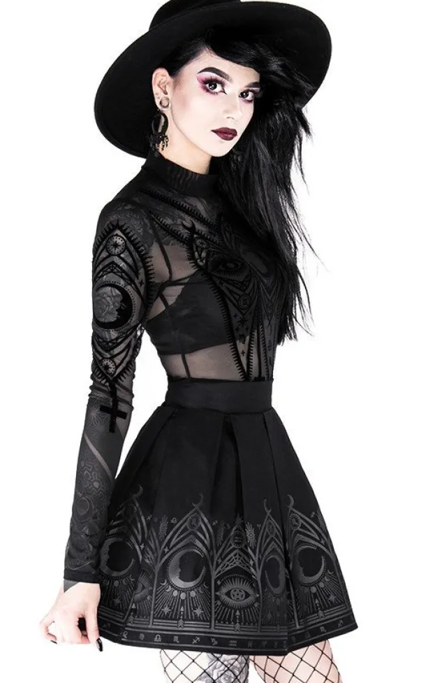 Restyle FORTUNE TELLER SKIRT, black gothic pleated short skirt with moon print