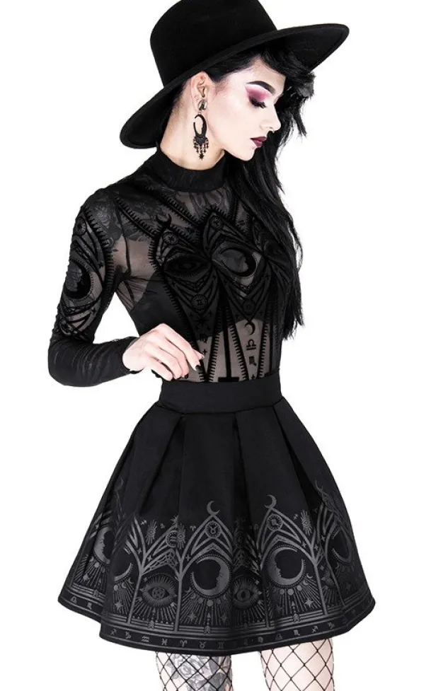 Restyle FORTUNE TELLER SKIRT, black gothic pleated short skirt with moon print