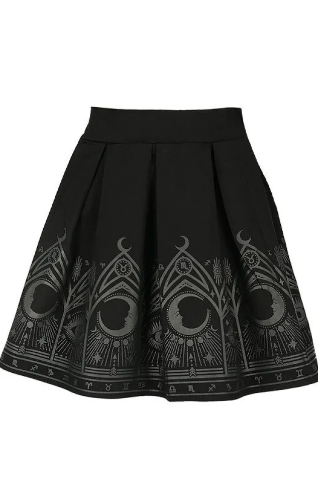 Restyle FORTUNE TELLER SKIRT, black gothic pleated short skirt with moon print