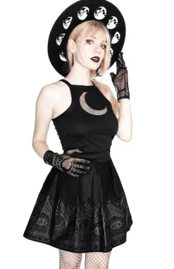 Restyle FORTUNE TELLER SKIRT, black gothic pleated short skirt with moon print