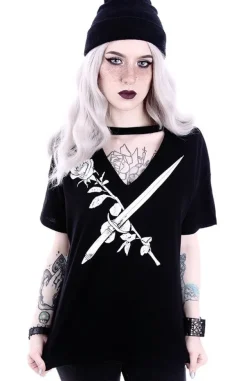 Restyle Gothic blouse with knife and rose V-neck with choker "STAY SHARP"
