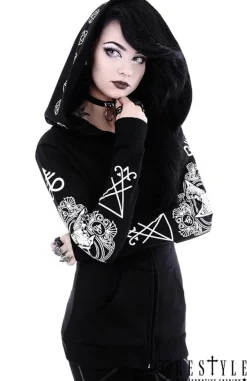 Restyle Gothic Blouse with oversized hood, ram skull and pentagram "RITUAL HOODIE"