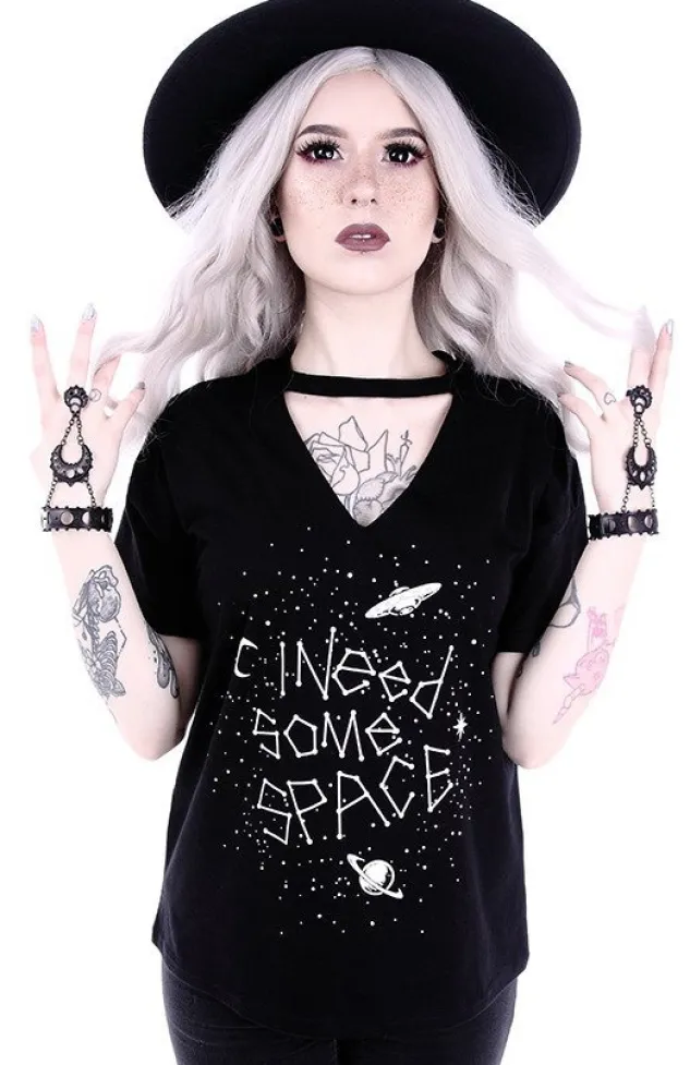 Restyle Gothic blouse with star constellation V-neck with choker "I NEED SOME SPACE"