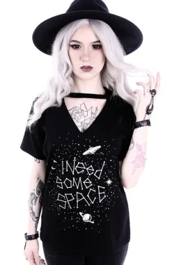Restyle Gothic blouse with star constellation V-neck with choker "I NEED SOME SPACE"